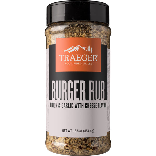 Buy 1 (one) shaker bottle of Traeger burger rub with flavors of onion, garlic, and cheese.