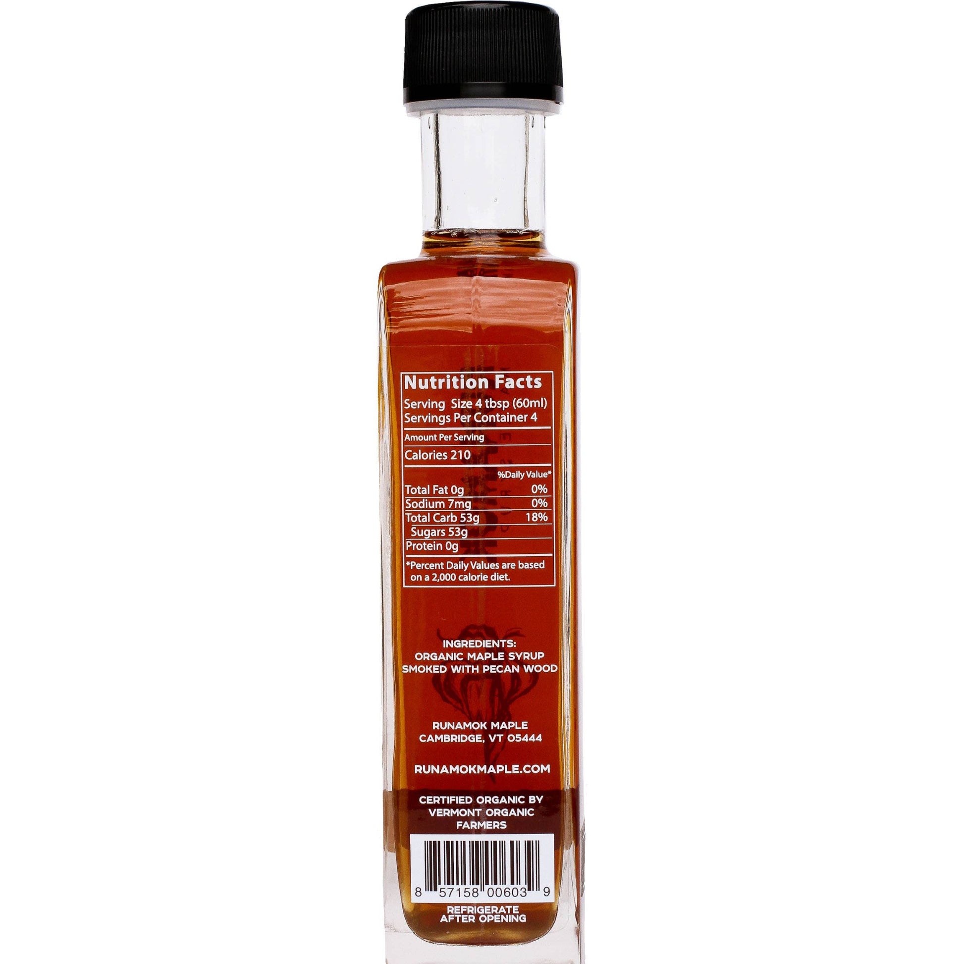 Each bottle of smoked pecan maple syrup includes an average of 4 servinga.