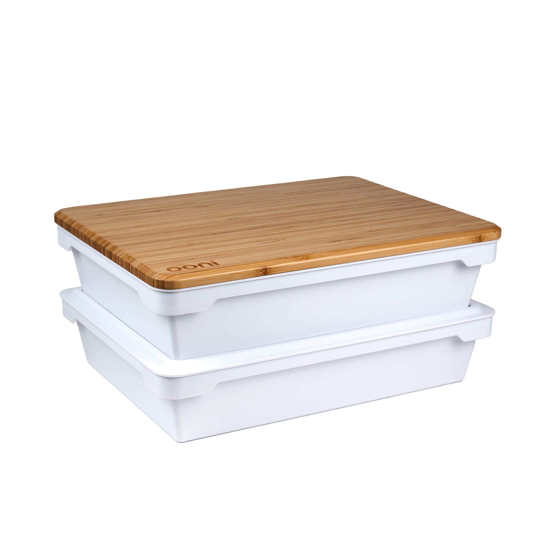 Ooni dough boxes, shown here with a bamboo topper sold separately, are stackable to save you space!