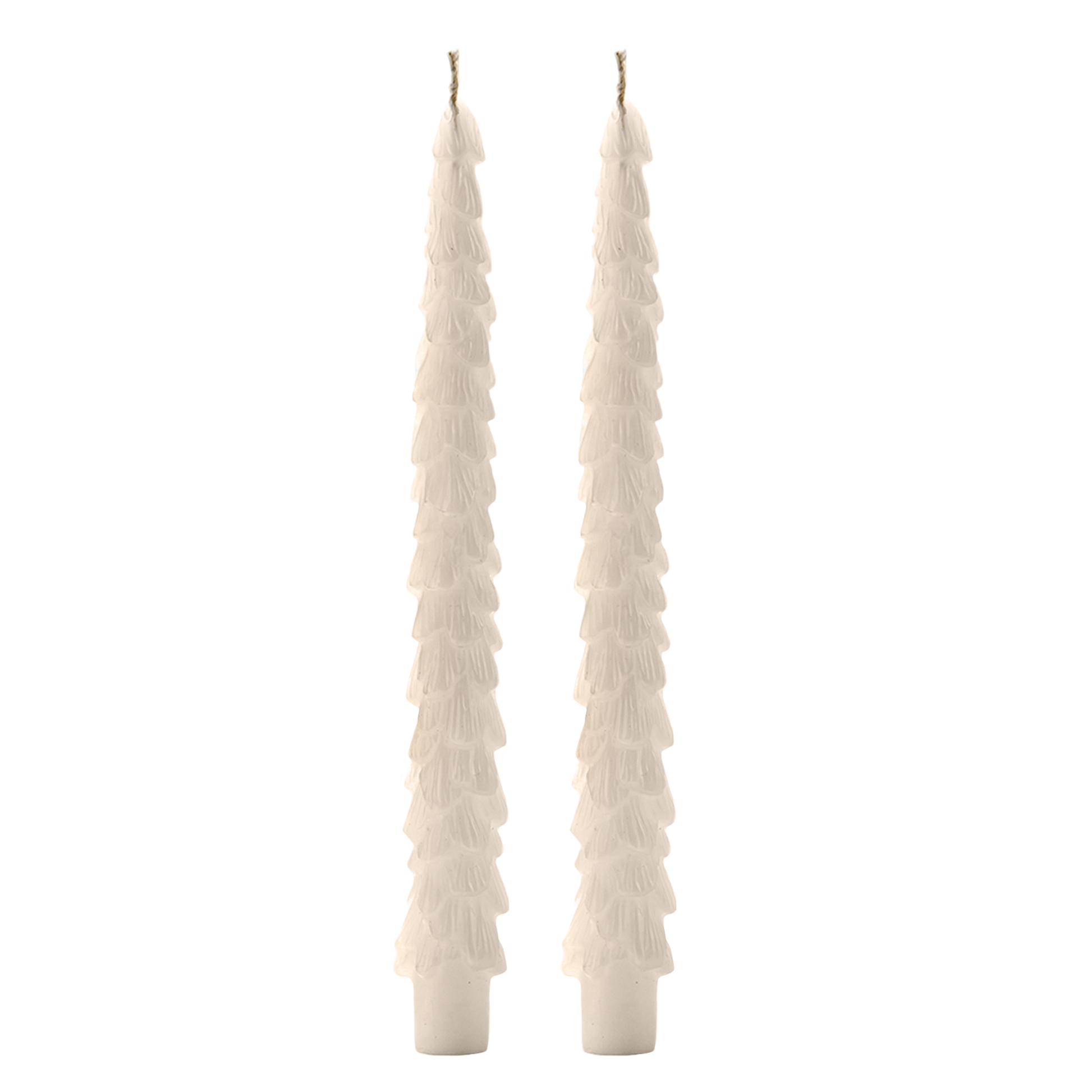 Buy 1 (one) set of two tapered candles, shaped like Evergreen trees, in a creamy white color. 