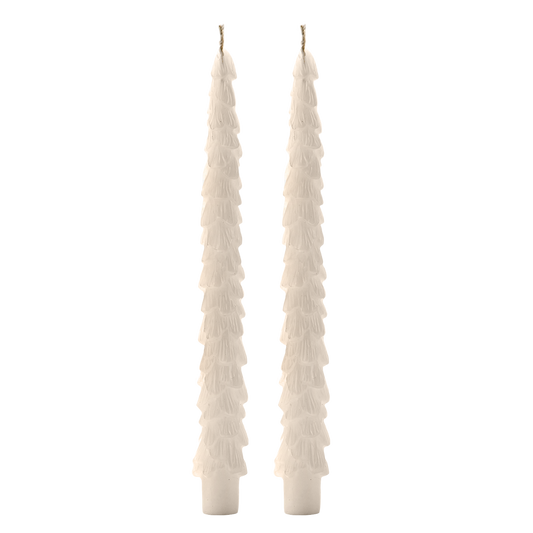 Buy 1 (one) set of two tapered candles, shaped like Evergreen trees, in a creamy white color. 