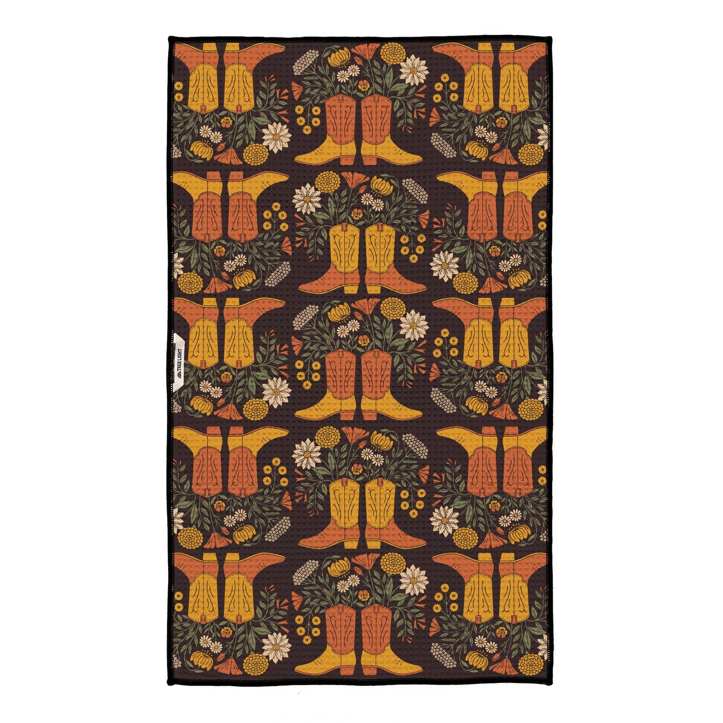 Buy 1 (one) Western Bloom kitchen towel, with geometric pattern of cowboy boots and flowers on one side. 