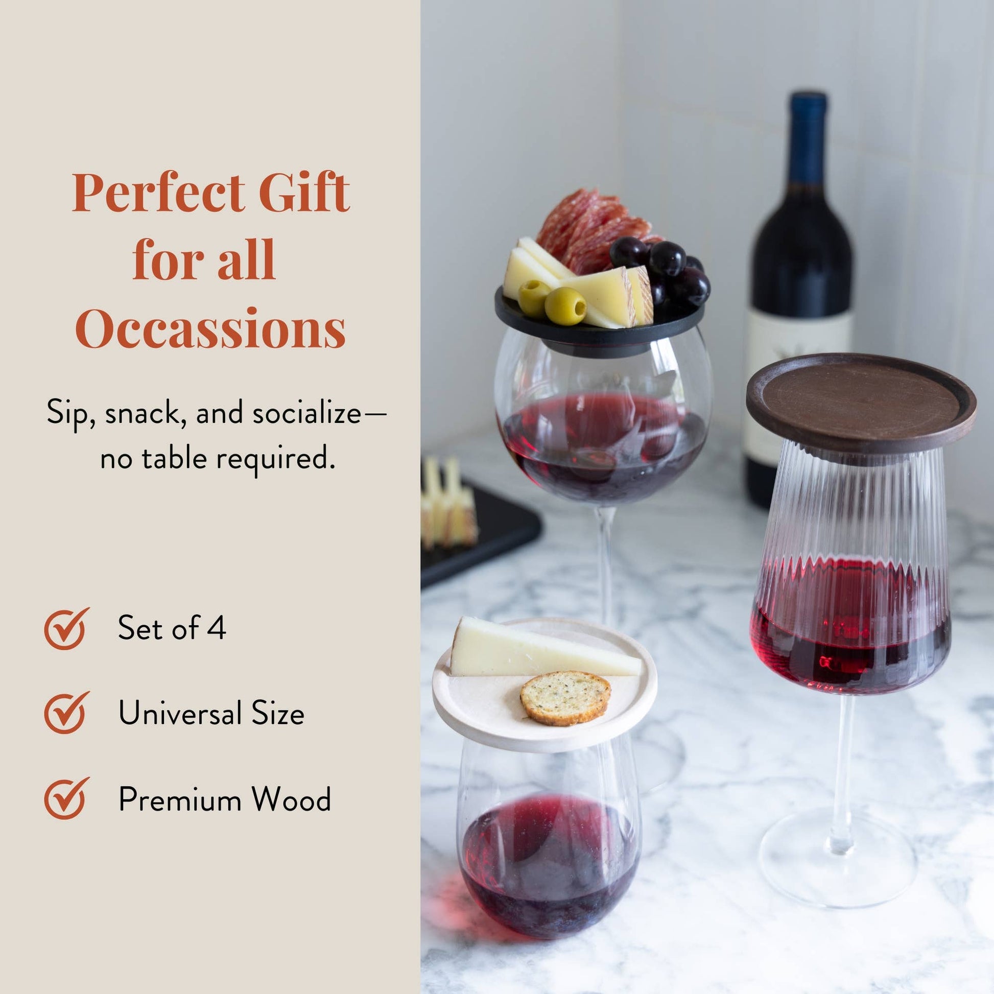 Welcome your guests with a glass of wine and a snack plate all in one. (Wine and food sold separately.)