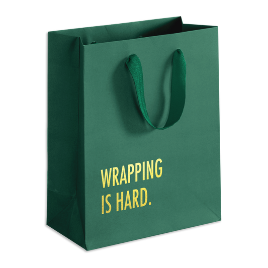 Buy 1 (one) green gift bag with gold text that says, "Wrapping is hard."