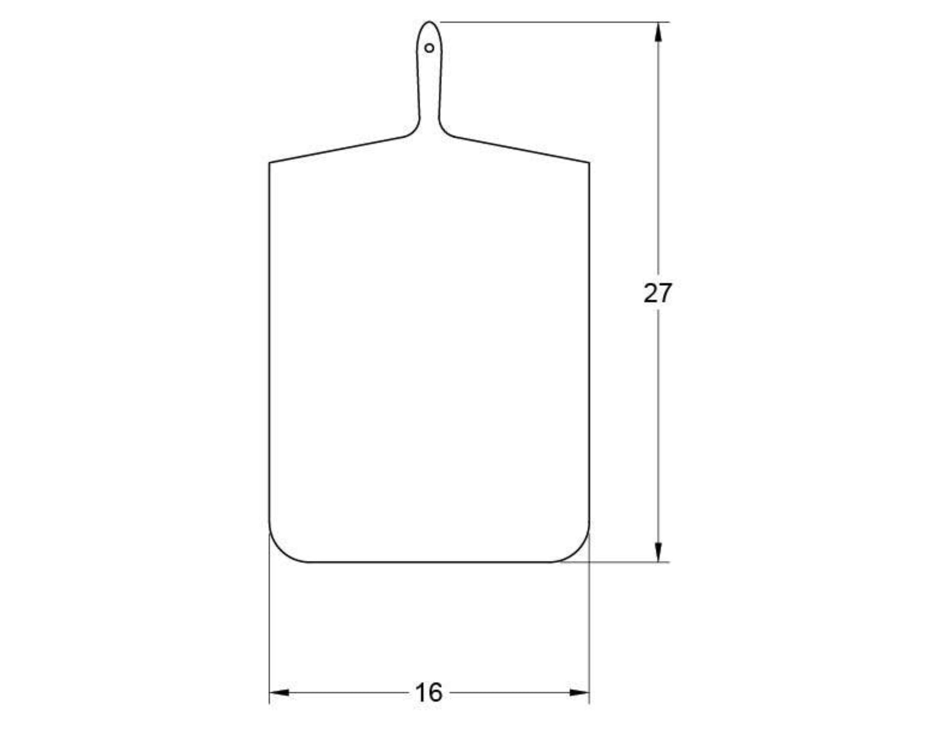 The mega board is 27" long from the tip of the handle to the bottom of the board. It measures 16" wide, perfect for slicing and serving.