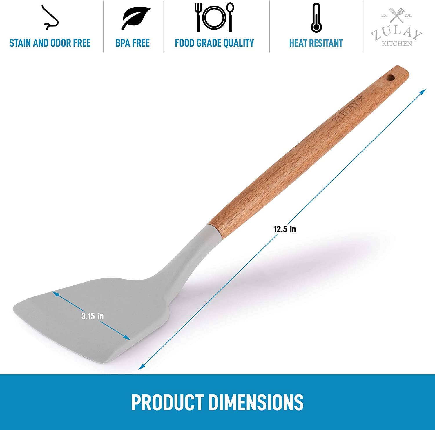 The spatula is BPA-free, food grade quality and measures 3.15 inches across by 12.5 inches long.
