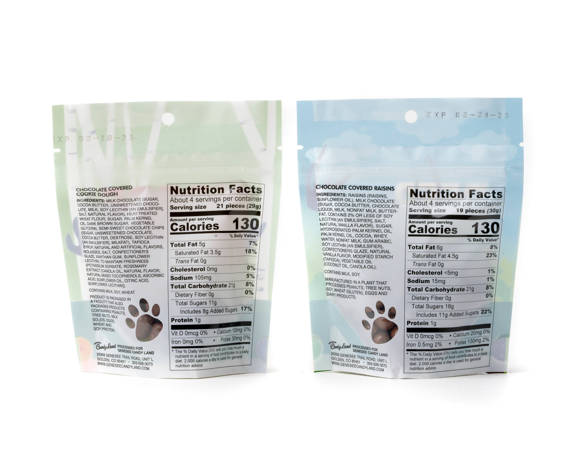 This photo shows the ingredient and nutrition labels for two Animal Tracks varieties. 