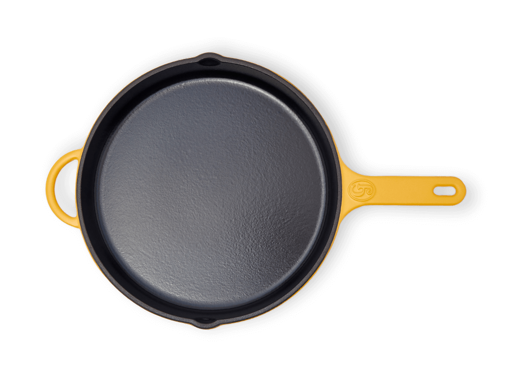 Your new King Sear pan is black cast iron inside and Mustard yellow-gold enamel outside. 