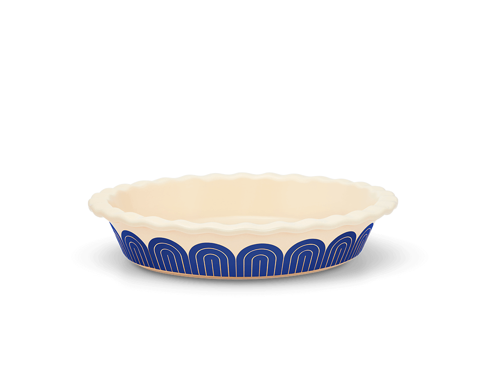 Buy one (1) Sweetie Pie pie plate in blueberry blue, with a striking blue arch that repeats around the plate.