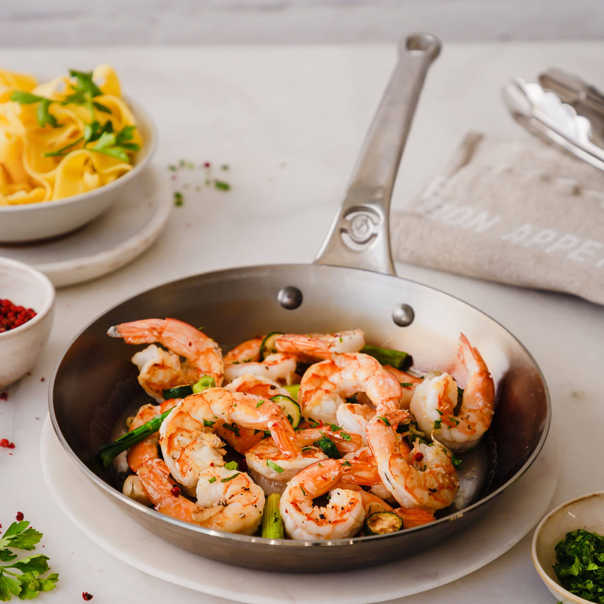 Sautéed shrimp and veggies cook perfectly in the MINERAL B Pro skillet.