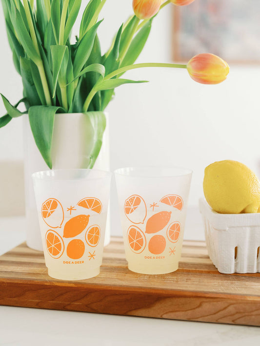 Buy and enjoy the brightly colored, citrus design on a shatterproof cup.