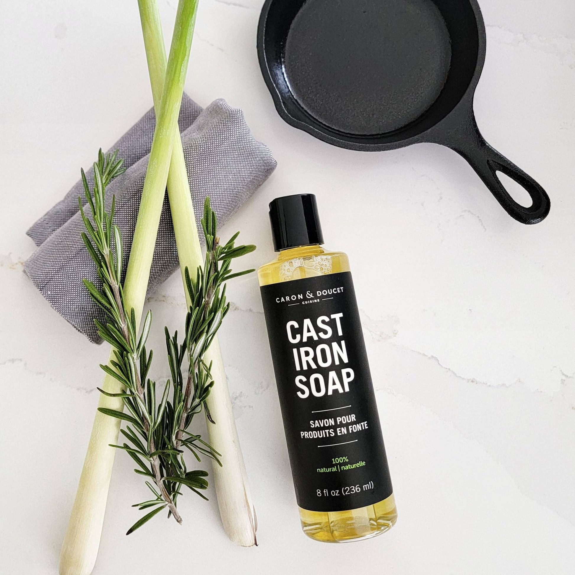 Buy one (1) bottle of cast iron soap to gently care for your cast iron skillets. 