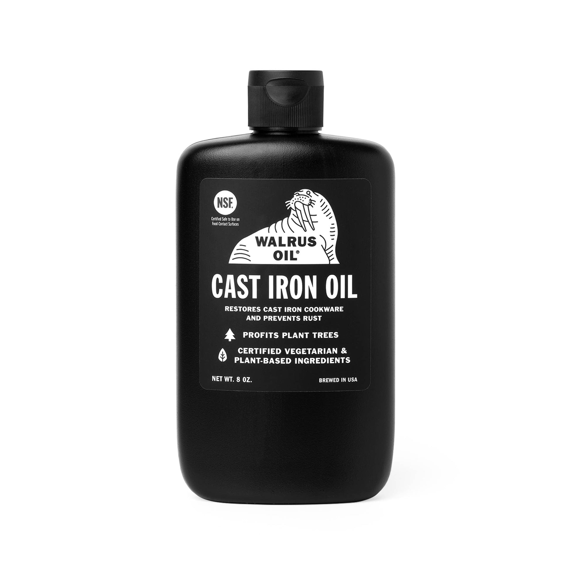 Buy one (1) 8oz bottle of Walrus Oil cast iron oil in a black squeeze bottle with flip top lid. 