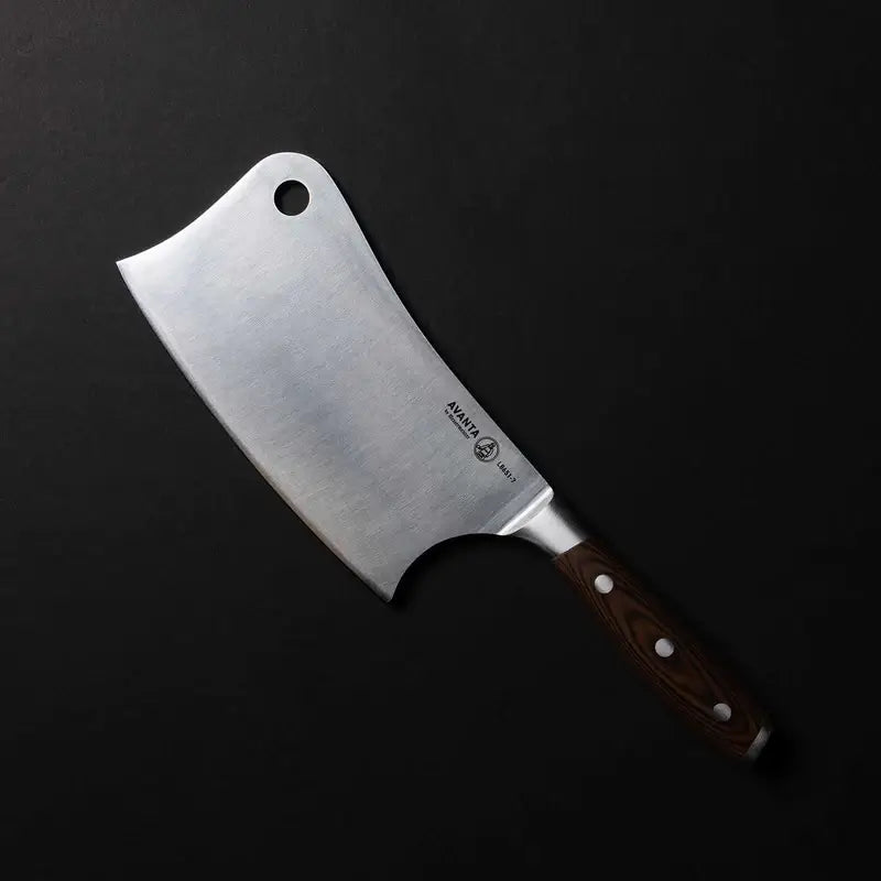 This knife set includes a hefty cleaver. 