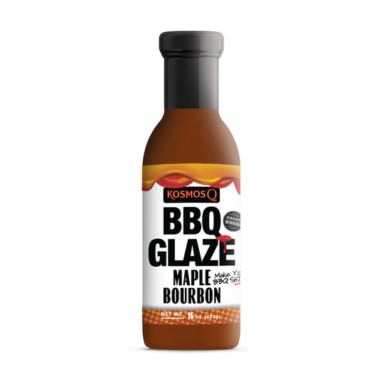 Kosmos Q Maple Bourbon bbq glaze comes in a plastic bottle with a sealed top. Net wt. 16 oz.