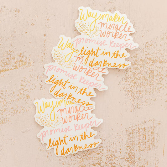 Buy (1) one irregular-shaped vinyl sticker that says, "Waymaker miracle worker promise keeper light in the darkness"